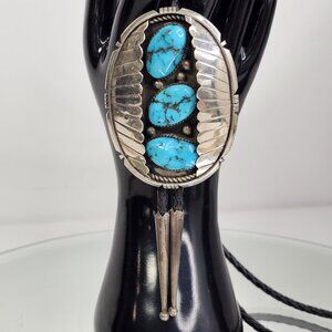 Navajo Turquoise Sterling Silver Bolo Tie With 3 Stones Beautiful Color Stones